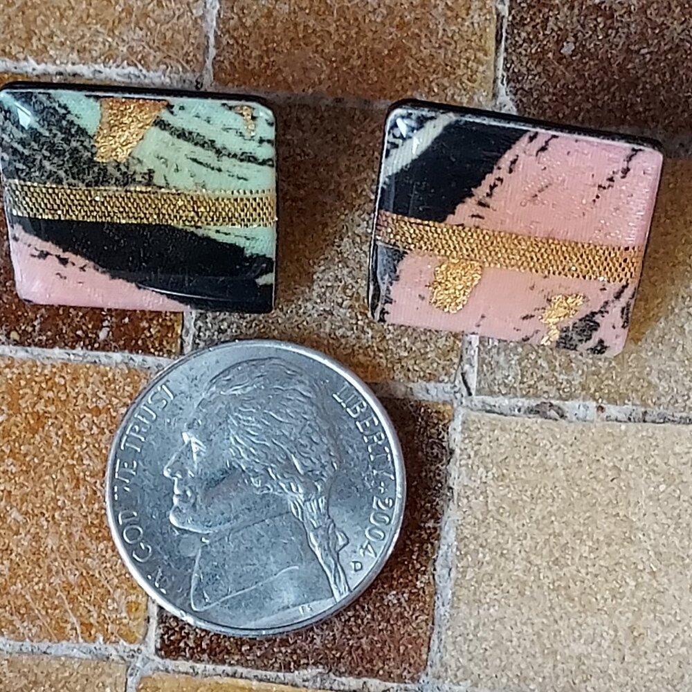 Vintage, Acrylic, Lightweight, Square Post Earrings in Pink, Black, and Aqua